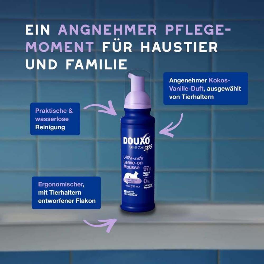 Blaue Flasche DOUXO® SPA Trockenshampoo für Katzen. Lila Pumpaufsatz. Text: Praktische & wasserlose Reinigung.