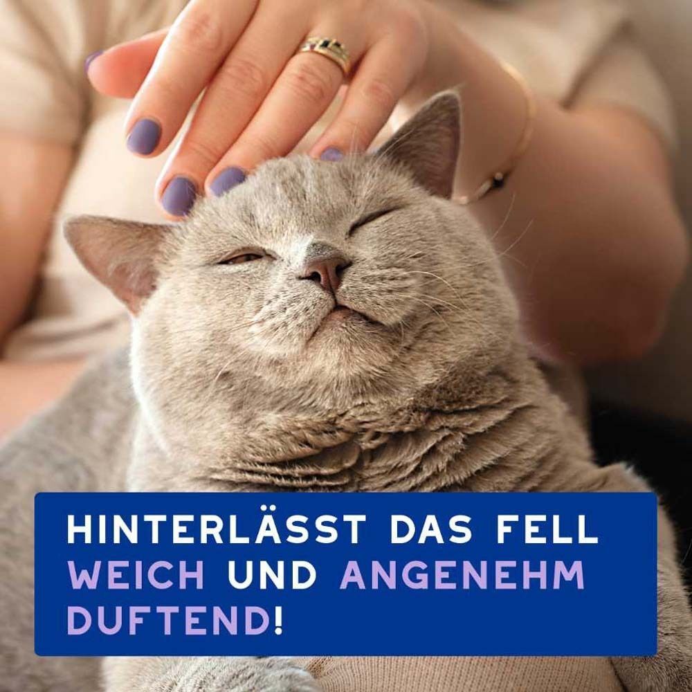 Katze wird von einer Hand gestreichelt. Text: Hinterlässt das Fell weich und angenehm duftend!