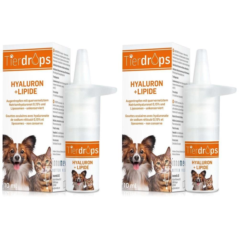 Zwei Packungen Tierdrops HYALURON + LIPIDE. Weiße Flaschen mit Spritze und Kartonverpackung. Aufdrucke: Marke, Produktname, Tiermotive.