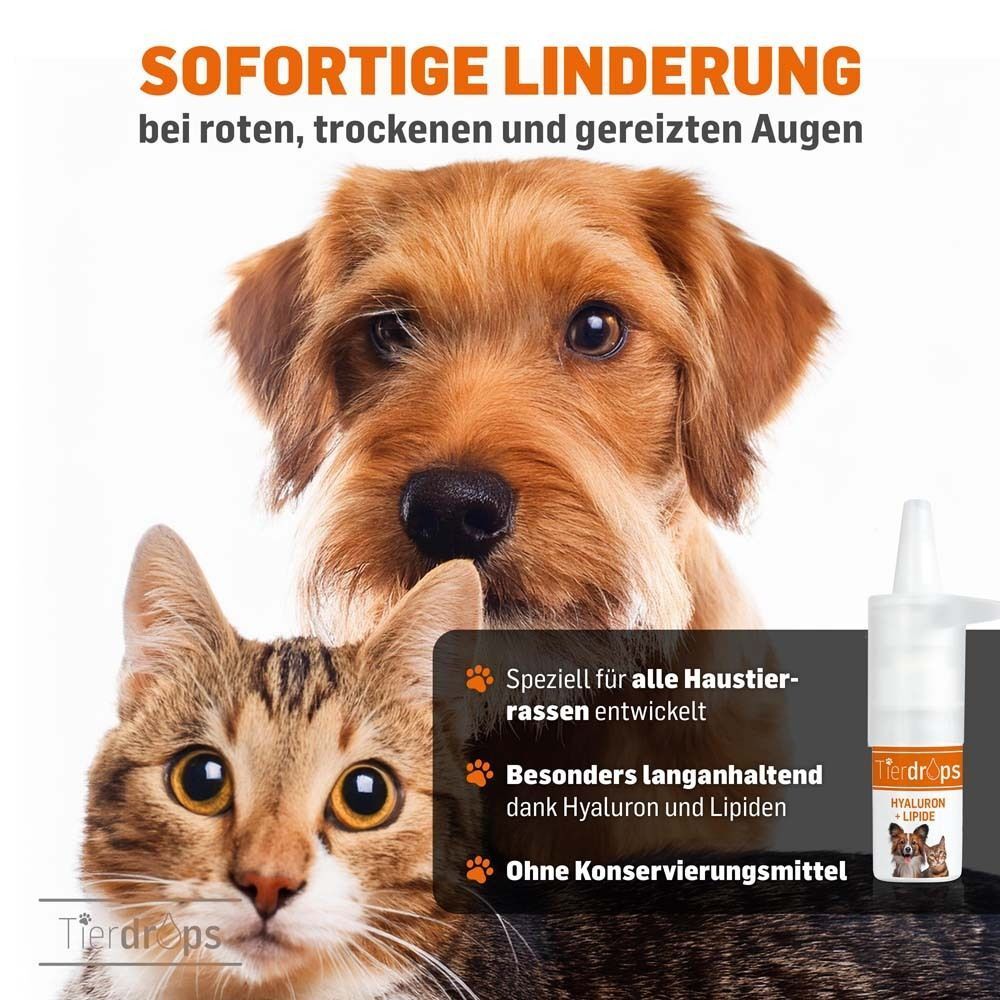 Hund und Katze. Tierdrops HYALURON + LIPIDE Flasche. Text: Sofortige Linderung, speziell für alle Haustierrassen, dank Hyaluron und Lipiden.