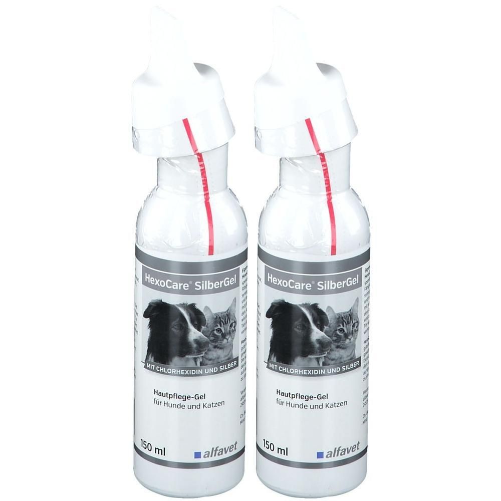 Zwei Flaschen HexoCare SilberGel. Weiße Flaschen mit Dosieraufsatz. Aufdruck mit Produktname, Hund und Katze.