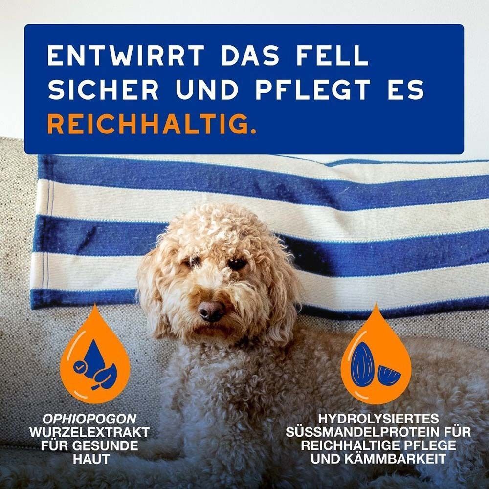 Ein Hund mit lockigem Fell. Text: Entwirrt das Fell sicher und pflegt es reichhaltig. Abbildungen von Inhaltsstoffen.