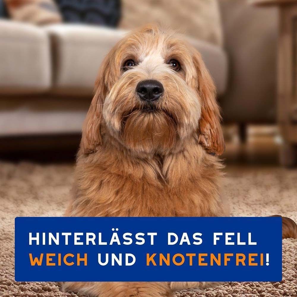 Ein Hund sitzt auf einem Teppich. Text: Hinterlässt das Fell weich und knotenfrei!
