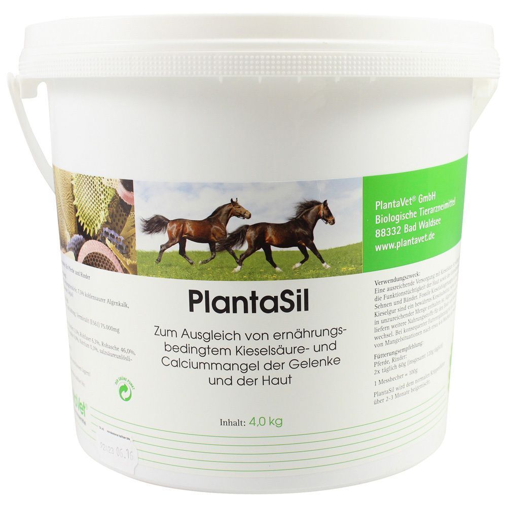 Weißer Eimer mit grünem Etikett. Aufschrift: Plantasil. Text und Logo. Henkel. Aufschrift: 4,0 kg. Aufschrift: www.plantavet.de.