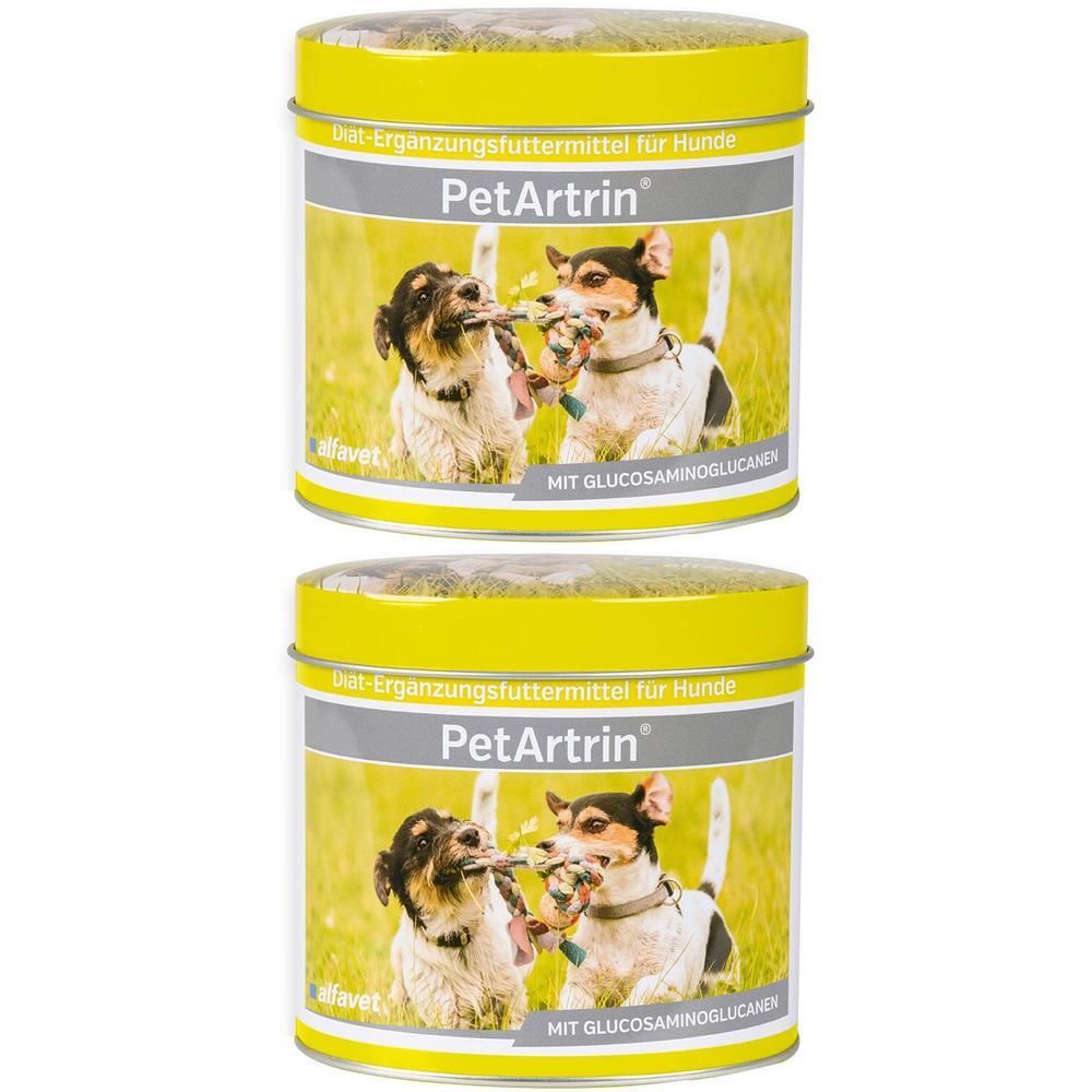 Zwei Dosen PetArtin Ergänzungsfuttermittel für Hunde mit Glucosaminoglykanen.