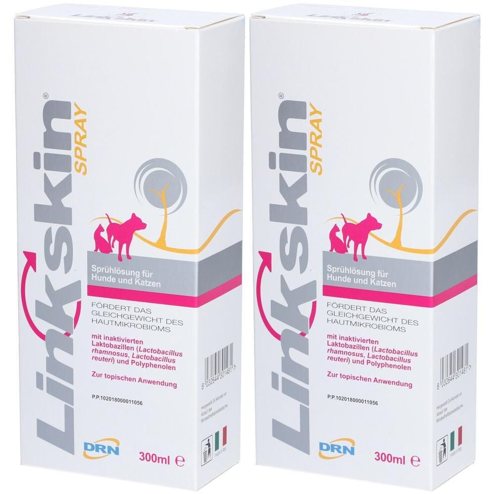 Zwei weiße Kartons mit rosa Akzenten. Aufschrift: Linkskin Spray für Hunde und Katzen. Enthält 300ml. Marke DRN.