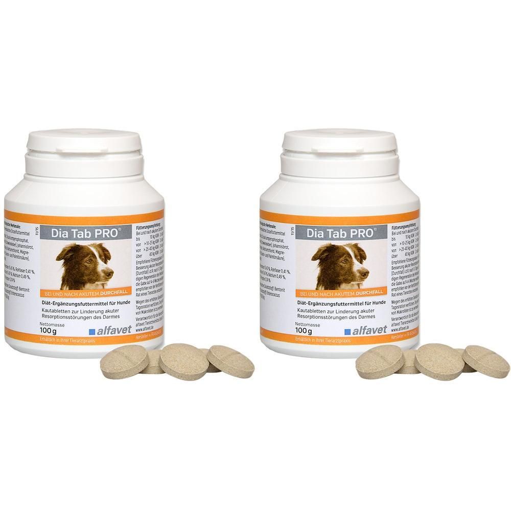 Zwei weiße Flaschen mit Etikett und Produktnamen. Daneben Tabletten. Aufschrift: Dia Tab PRO, 100g, alfavet.