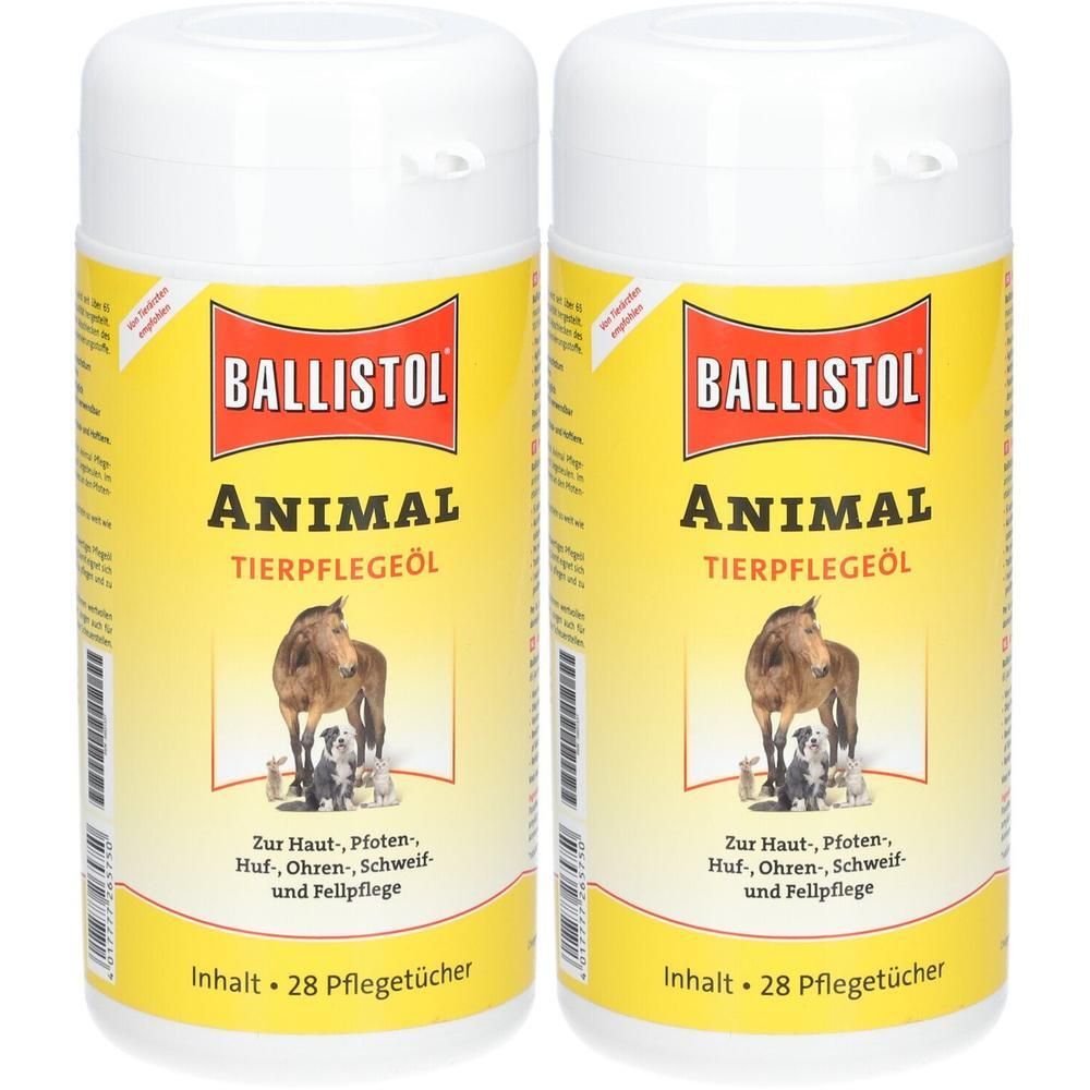 Zwei zylindrische Behälter mit gelben Etiketten. Aufschrift: BALLISTOL ANIMAL. Produktabbildung: Pferd und Hunde. Inhalt: 28 Pflegetücher.
