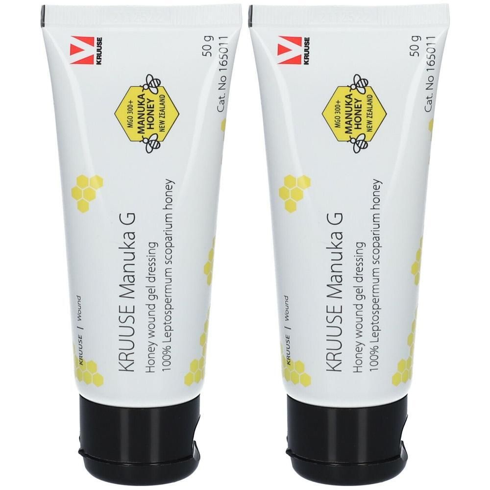 Zwei Tuben KRUUSE Manuka G. Honig-Wundgel. Weiße Tuben mit schwarzem Verschluss. Gelbe Honigwaben- und Logo-Grafiken.