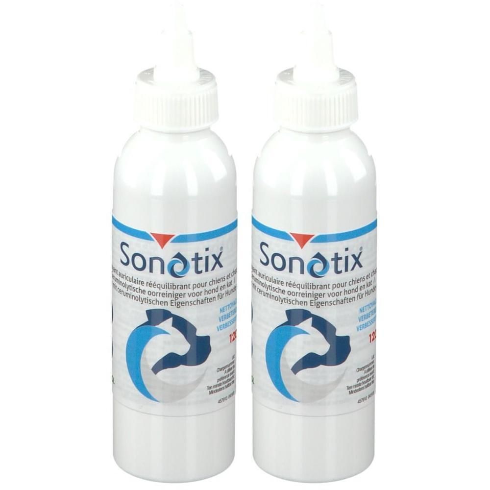 Zwei weiße Flaschen mit SONOTIX-Etikett. Aufschrift: Ohrenreiniger für Hunde. Blaue und rote Designelemente.