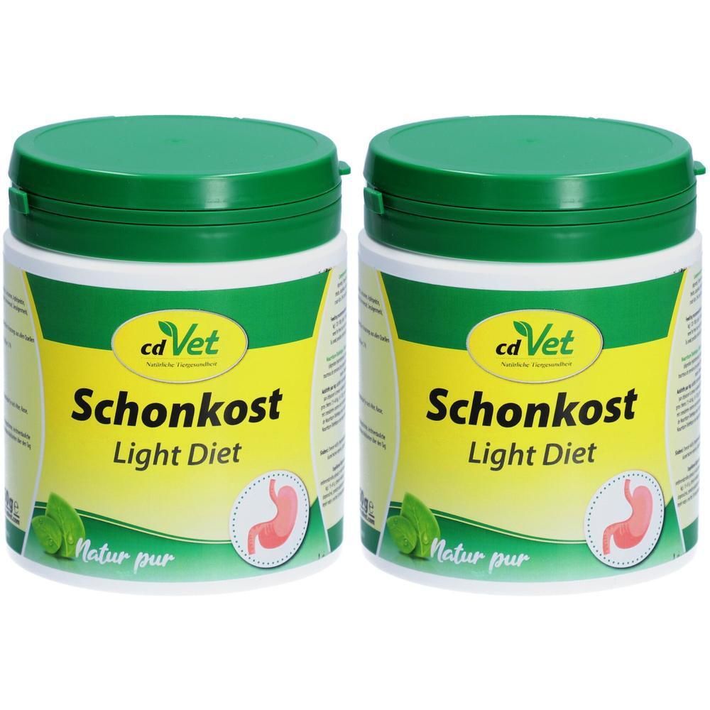 Zwei weiße Dosen mit grünem Deckel. Aufschrift: cdVet Schonkost Light Diet. Abbildung eines Magens und Blätter.