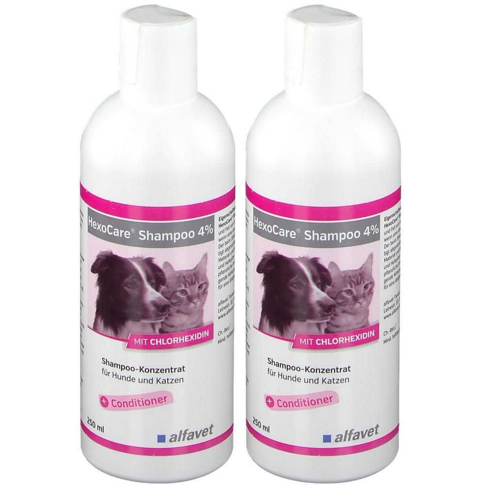 Zwei weiße Flaschen HexoCare Shampoo 4% für Hunde und Katzen. Aufdruck mit Hund und Katze, sowie Conditioner und alfavet.