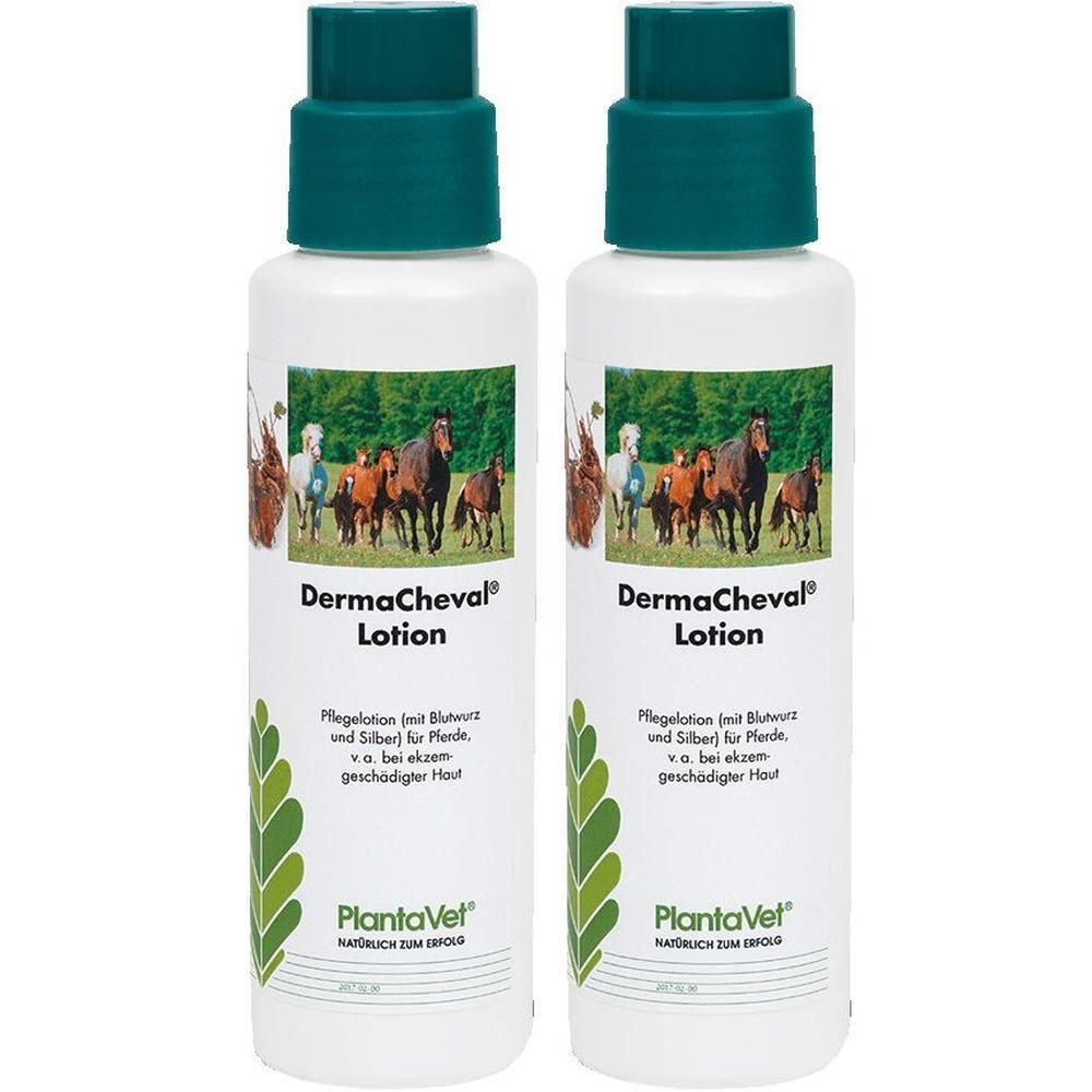 Zwei weiße Flaschen mit grünem Deckel. Aufschrift: DermaCheval Lotion. Text und Abbildung von Pferden. Marke: PlantaVet.