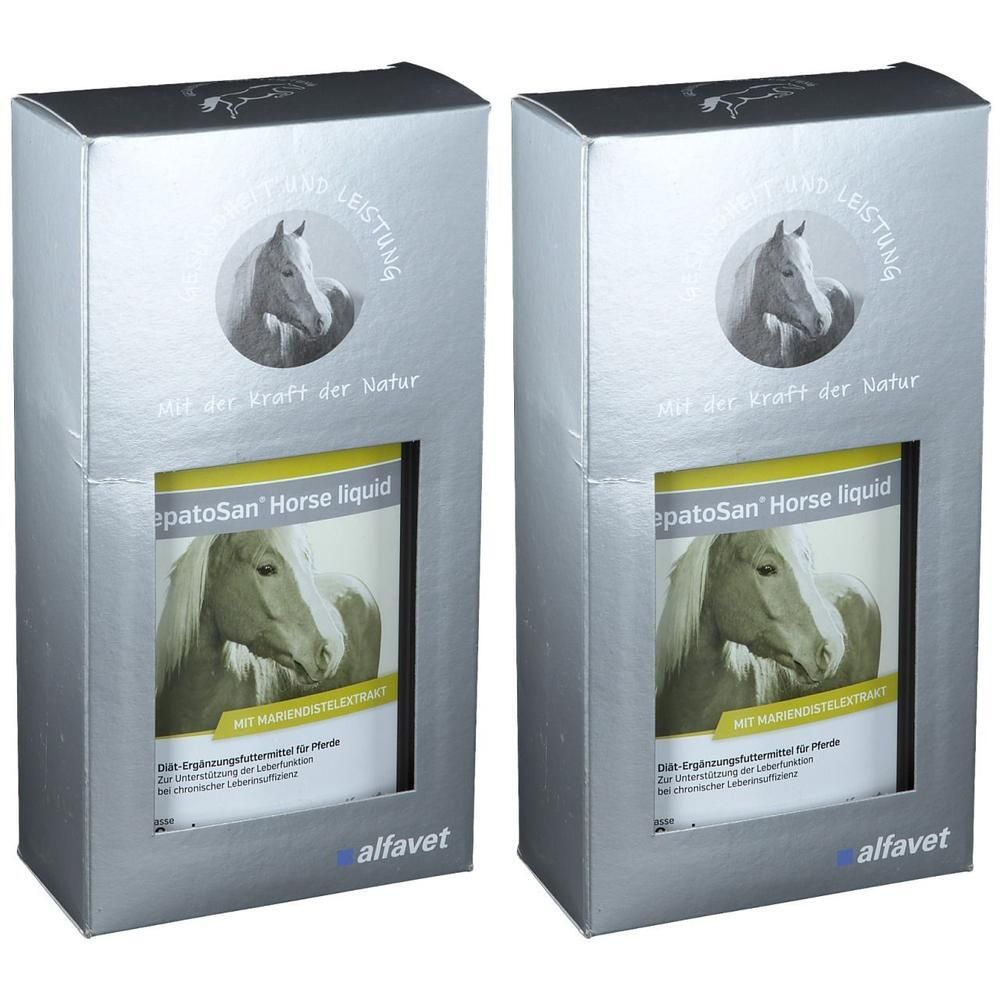 Zwei Packungen HEPATOSAN Horse liquid Ergänzungsfuttermittel für Pferde. Silberne Verpackung mit Produktabbildung und Schriftzug.