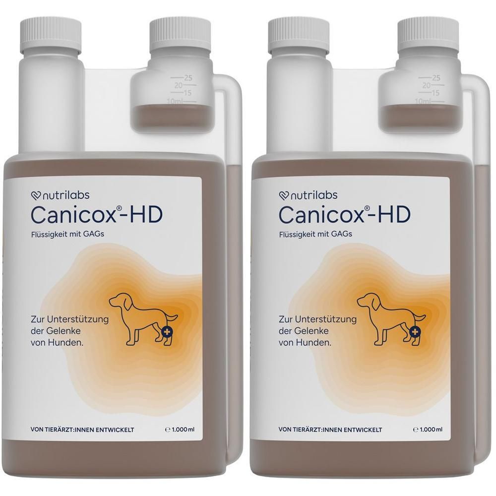 Zwei Flaschen mit Etikett. Aufschrift: Canicox-HD. Flüssigkeit mit GAGs. Illustration eines Hundes. Von Tierärzten entwickelt.