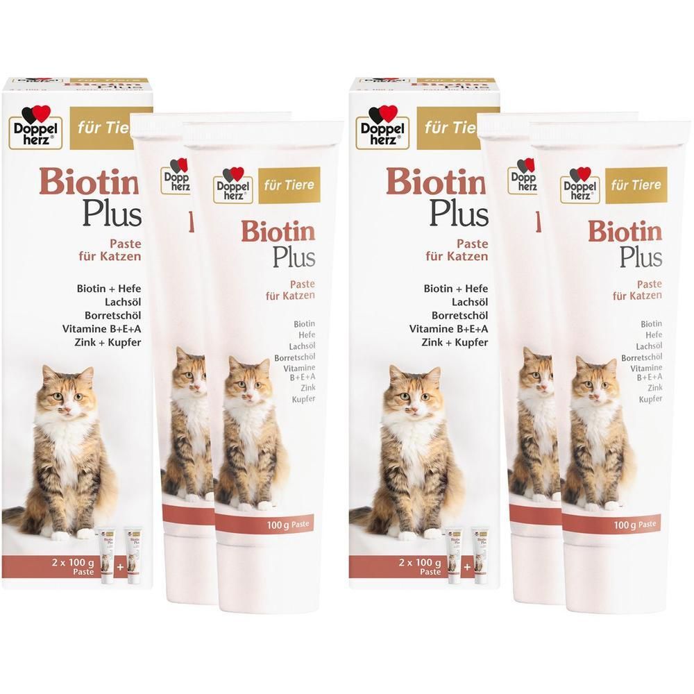Mehrere Tuben DOPPELHERZ für Tiere Biotin Plus Paste f.Katzen, mit Katze-Abbildung. Verpackung mit Produktnamen und Inhaltsstoffen.