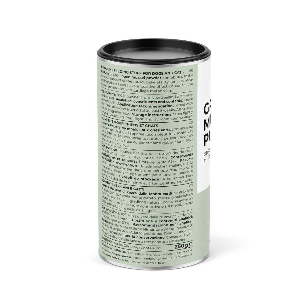 Dose Grünlippmuschelpulver. Rückseite mit Text in Deutsch, Französisch und Italienisch. Enthält Inhaltsstoffe, Anwendungsempfehlung.