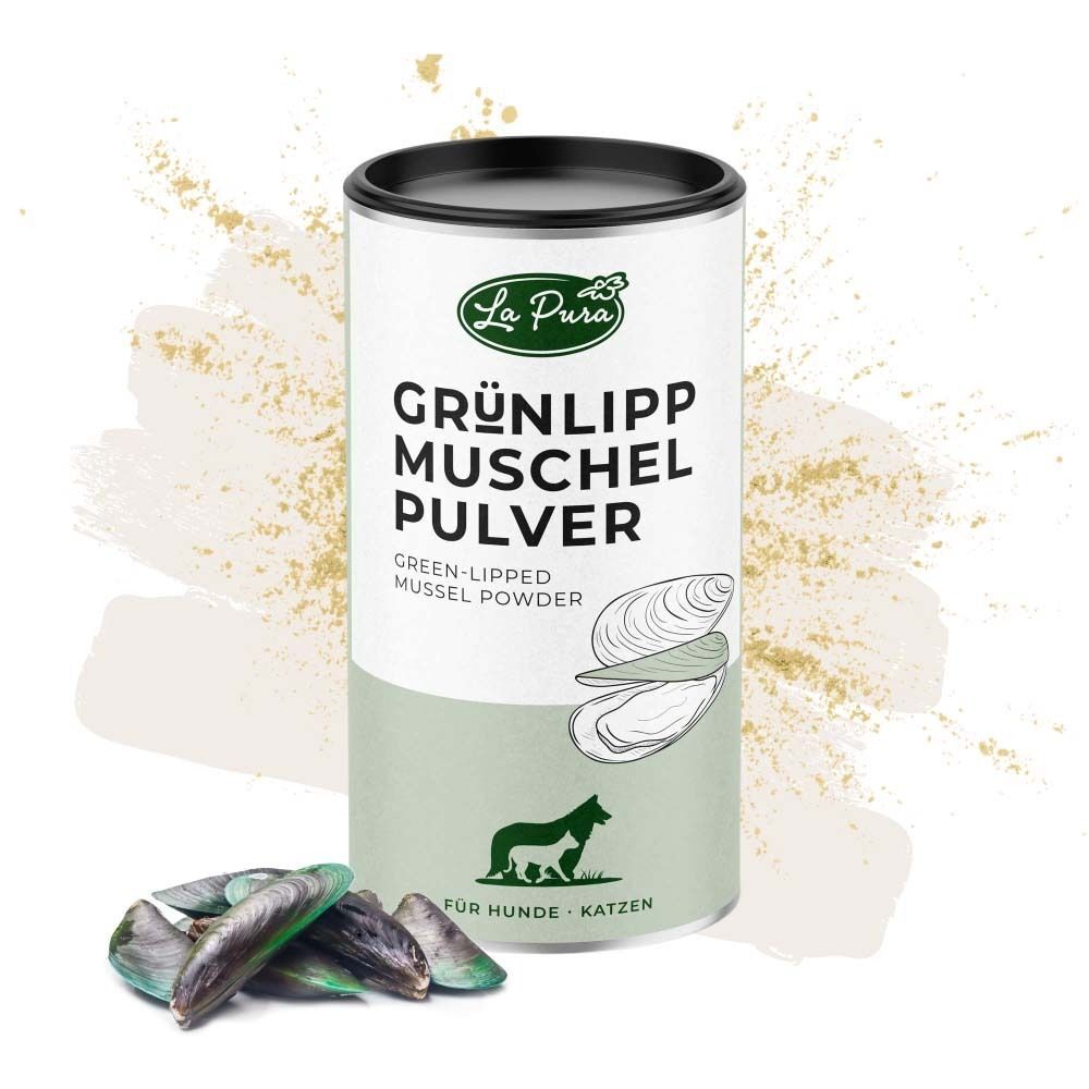Dose Grünlippmuschelpulver mit Muscheln und Pulver. Aufschrift: La Pura, Grünlipp Muschel Pulver, für Hunde und Katzen.