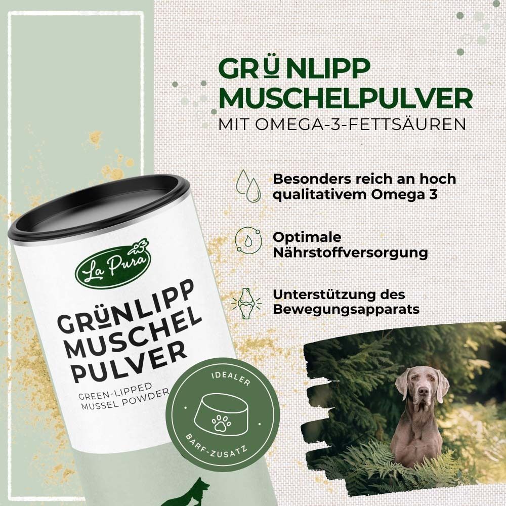Dose Grünlippmuschelpulver mit Text und Icons. Aufschrift: La Pura, Grünlipp Muschel Pulver, mit Omega-3-Fettsäuren.
