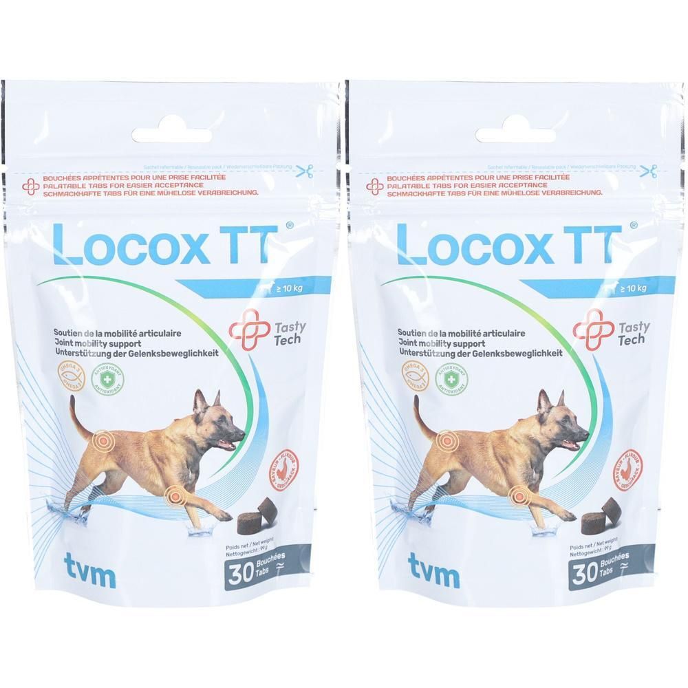 Zwei Beutel mit Produkt Locox TT. Aufdruck: Hund, 30 Tabletten, Tasty Tech, tvm.