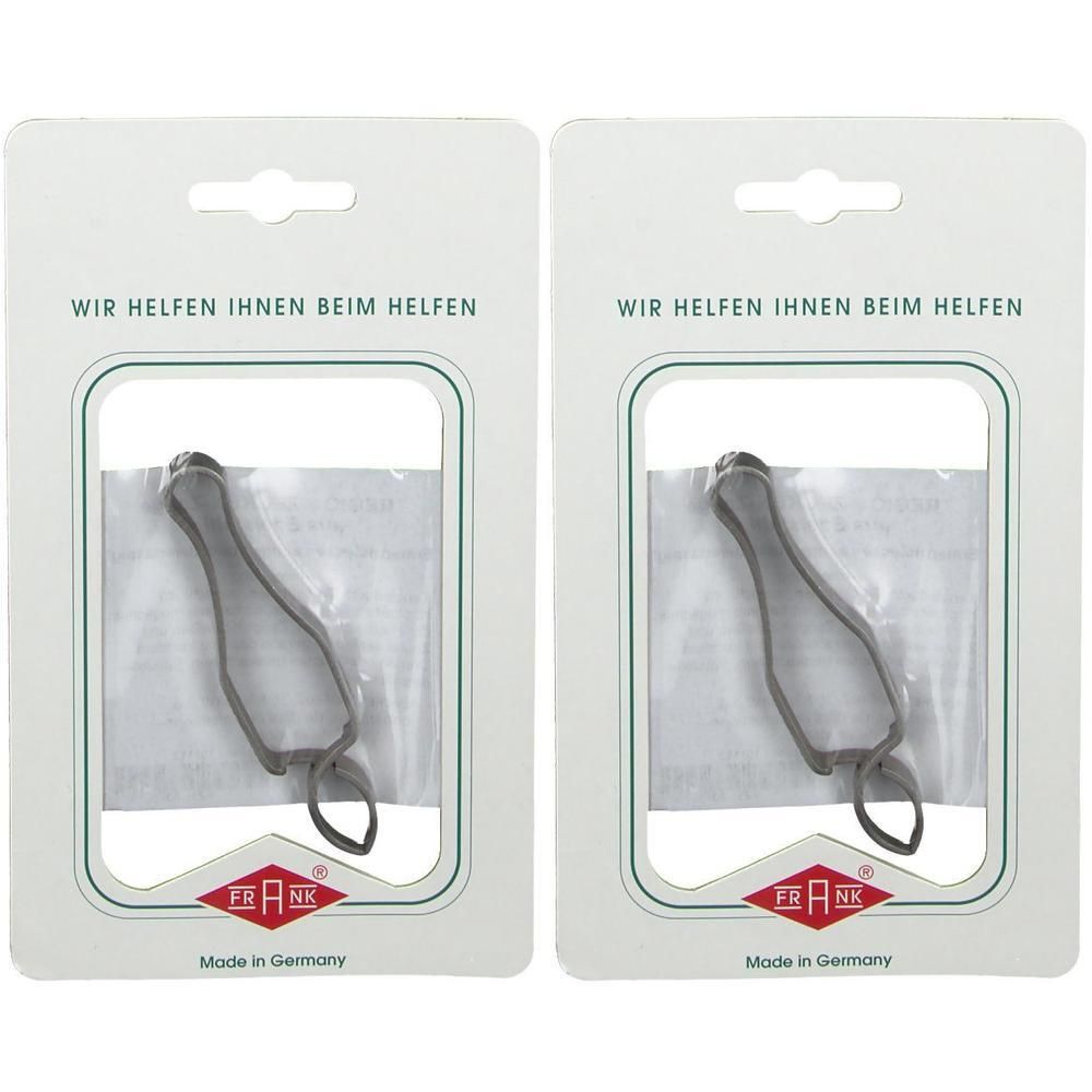 Zwei Zeckenzangen in Blisterverpackung. Graues Metall, Griff mit Öse. Verpackung mit FRANK® Logo und Text.