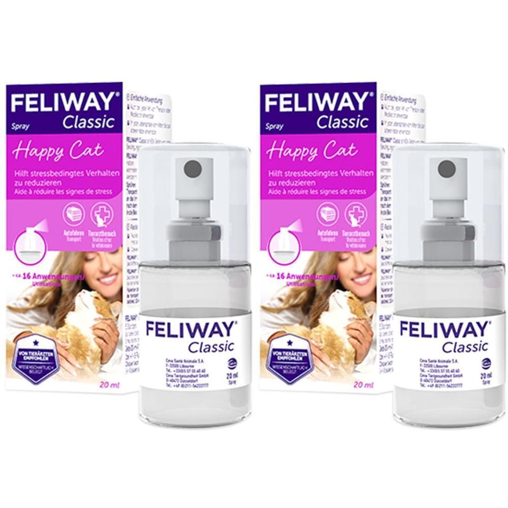 Zwei Flaschen FELIWAY CLASSIC Spray, mit Verpackung. Aufschrift: Happy Cat, hilft stressbedingtem Verhalten zu reduzieren.