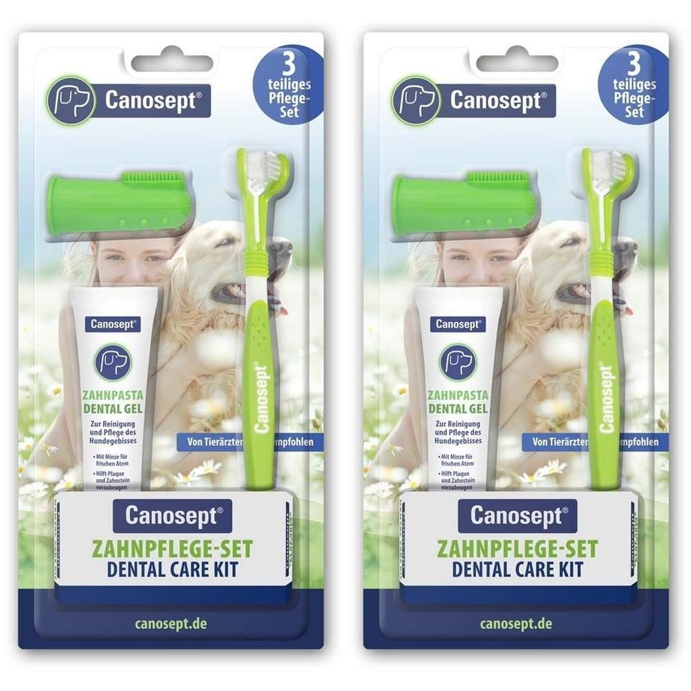 Zahnflege-Set für Hunde. Enthält Zahnpasta, Finger-Zahnbürste und Zahnbürste. Verpackt in Blisterverpackung.