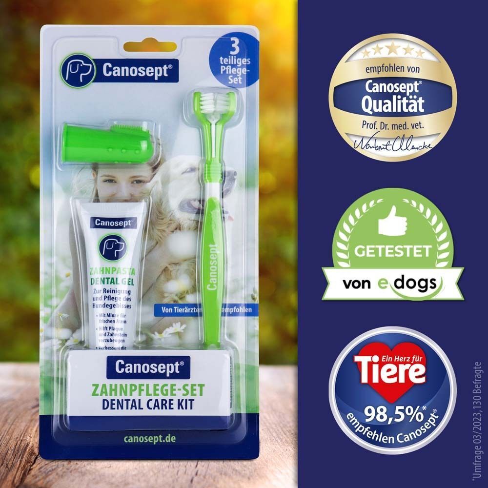 Zahnpflege-Set für Hunde. Enthält Zahnpasta, Finger-Zahnbürste und Zahnbürste. Mit Zertifizierungen.