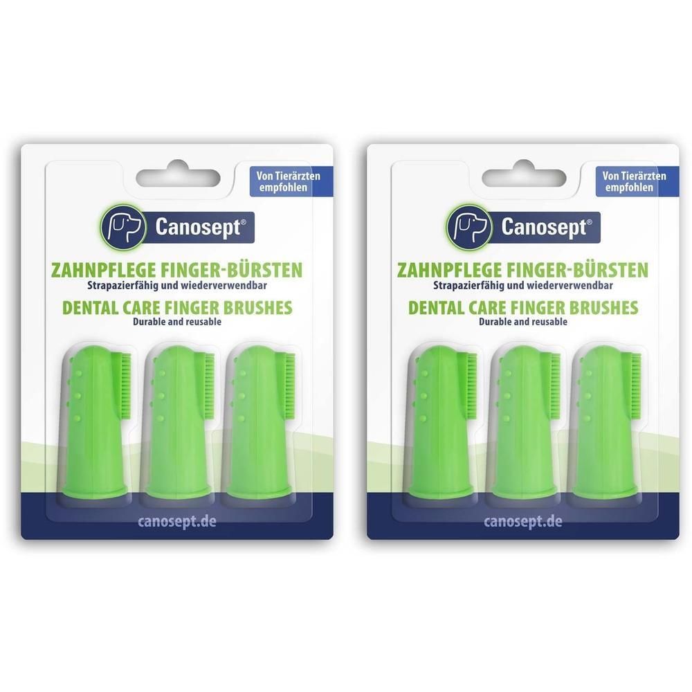 Zwei Packungen Finger-Bürsten. Grüne Bürsten auf weißem Hintergrund. Verpackung mit Produktnamen und Logo.