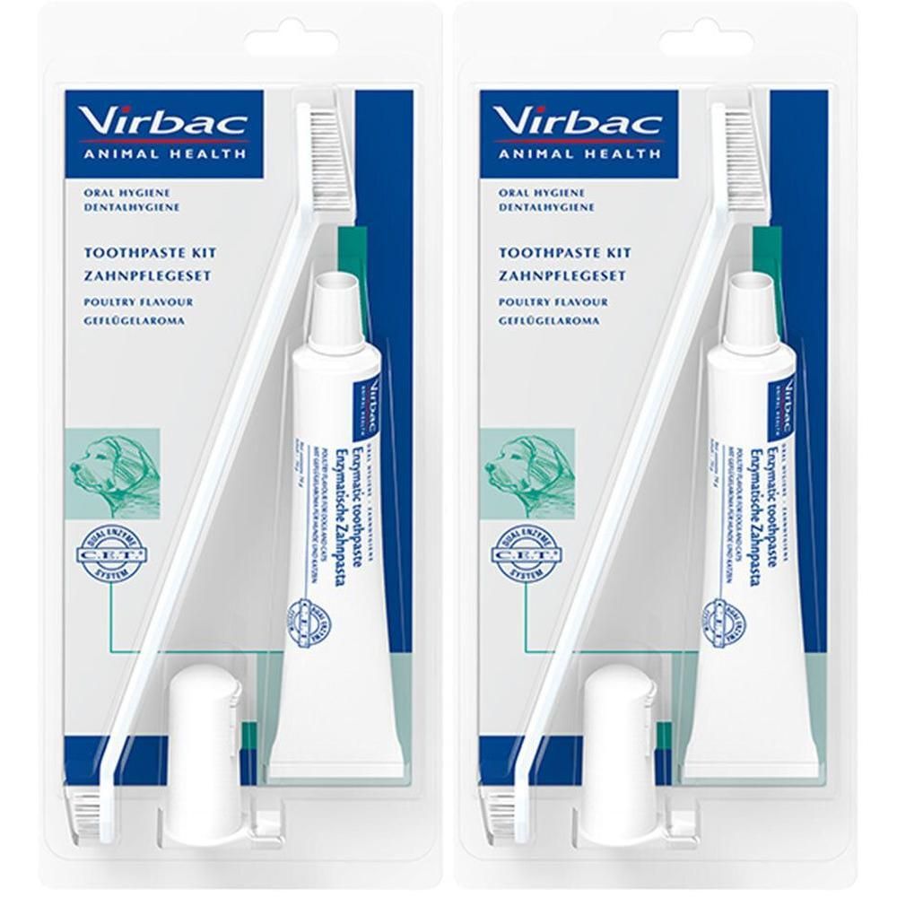 Zwei Zahnpflegesets für Hunde. Jedes Set enthält eine Zahnbürste, eine Tube Enzym-Zahnpasta und einen Aufsatz. Verpackung mit Virbac-Logo.