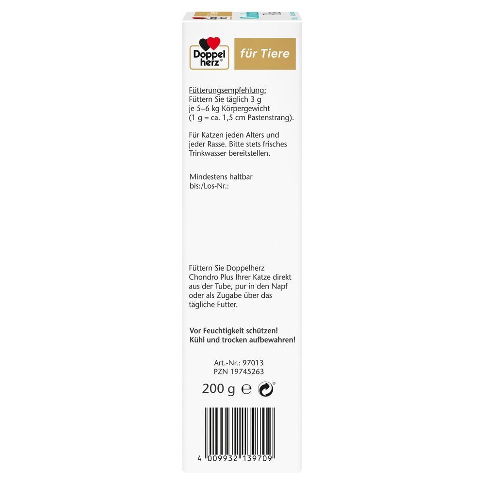 Verpackung. Aufschrift: Doppelherz für Tiere. Fütterungsempfehlung. Text in deutscher Sprache. 200 g.