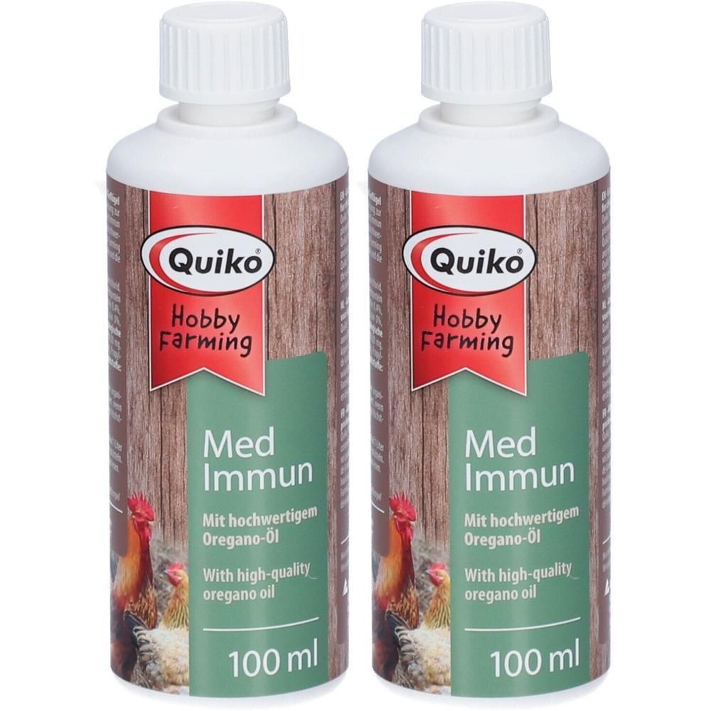 Zwei Flaschen mit weißem Deckel. Aufschrift: Quiko Hobby Farming Med Immun. Mit hochwertigem Oregano-Öl. 100 ml.