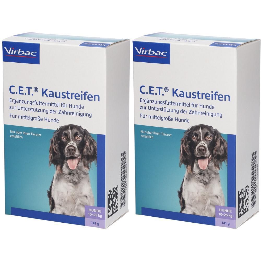 Zwei Kartons mit Produktaufdruck. Aufschrift: C.E.T. Kaustreifen für Hunde. Marke: Virbac. Abbildung eines Hundes.