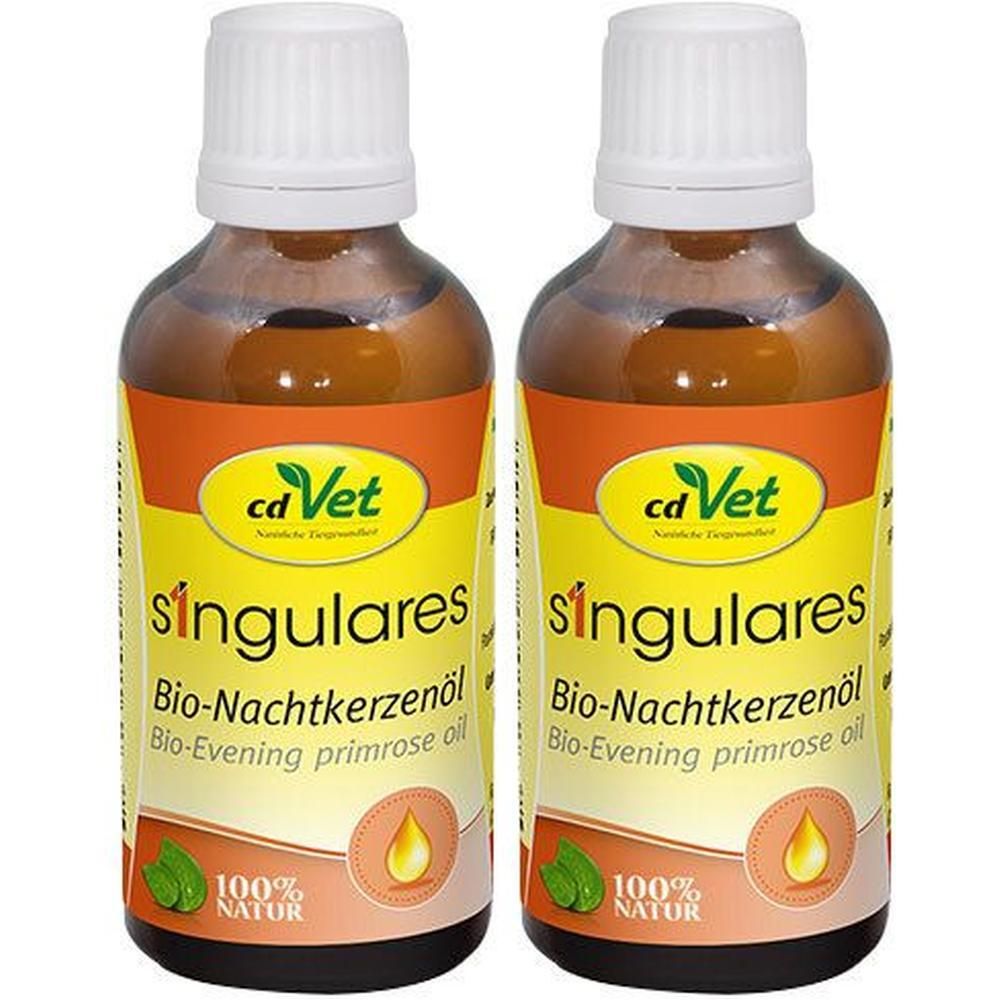 Zwei braune Flaschen mit weißem Verschluss. Auf gelbem Etikett steht "singulares Bio-Nachtkerzenöl". Logo: "caVet". Text: "100% Natur".