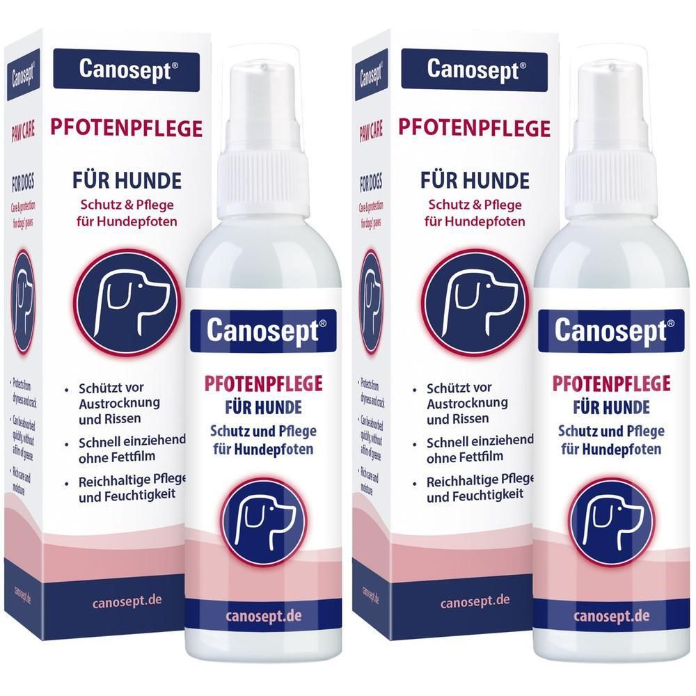 Drei Flaschen Canosept Pfotenpflege für Hunde mit Verpackung. Weiße Flaschen mit Sprühkopf und Produktinformationen. Verpackung mit Logo.