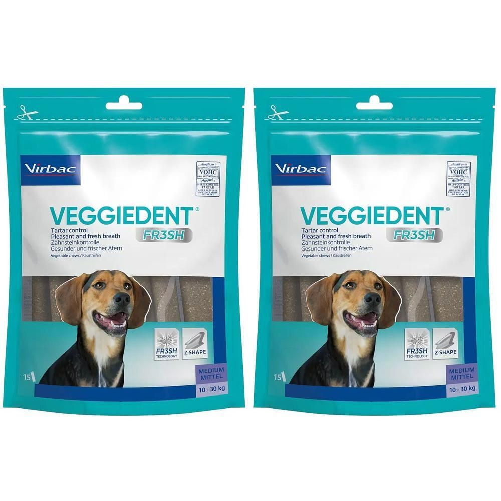 Zwei Beutel VEGGIEDENT FRESH Kaustreifen. Türkis-weiße Verpackung mit Hundefoto. Text: „Tarter control, Pleasant and fresh breath“.