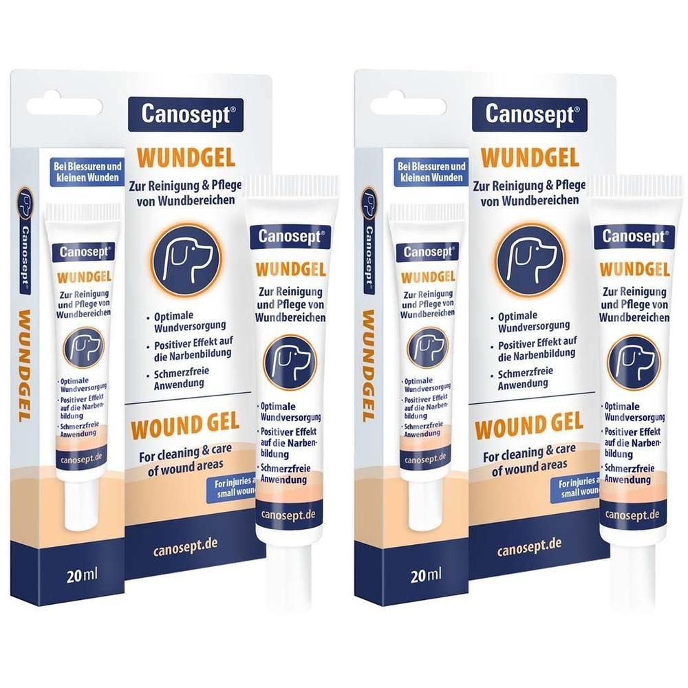 Zwei Tuben Canosept® Wundgel für Hunde, 20 ml, in Verpackung. Aufdruck: Wundgel, Logo, Text. Weiße Tube mit blauem Deckel.