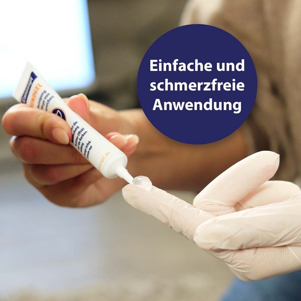 Hand mit Handschuh drückt Gel aus Tube. Blauer Kreis mit Text: Einfache und schmerzfreie Anwendung.