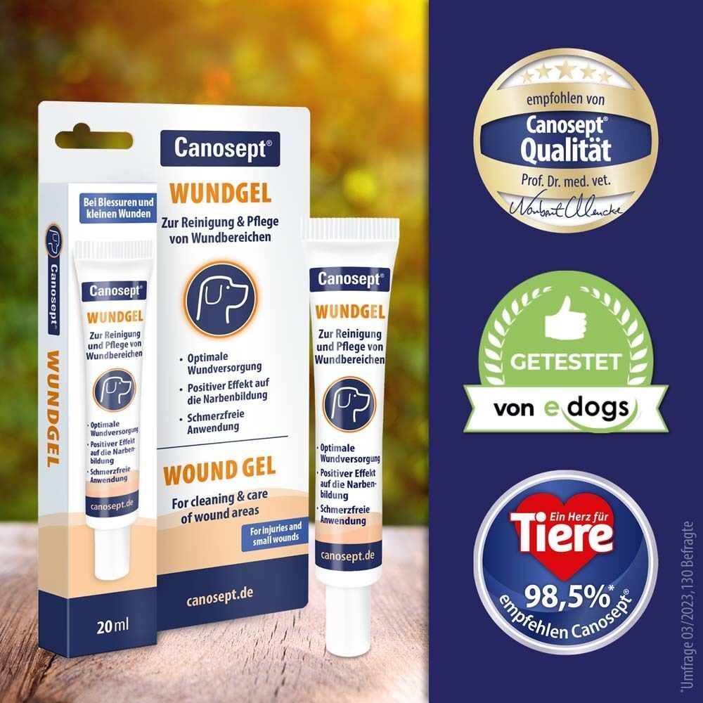 Canosept® Wundgel, Tube und Verpackung. Logos, Text. Zertifizierungen: Canosept® Qualität, e dogs, Herz für Tiere.