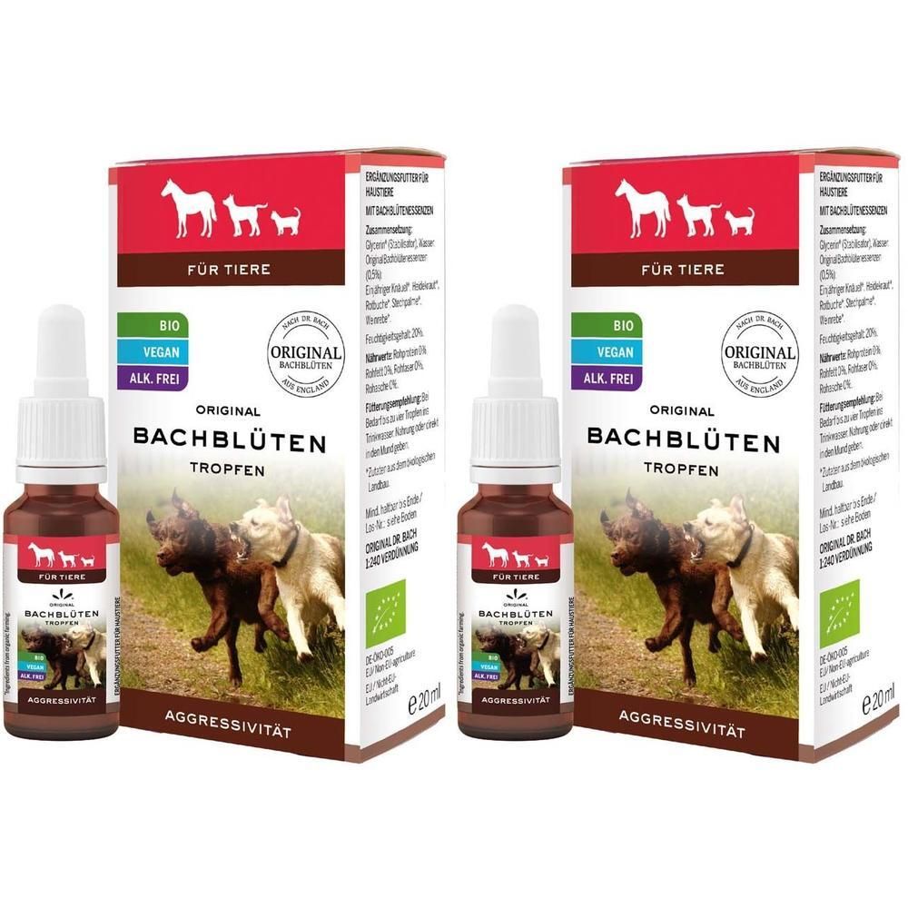 Zwei Flaschen mit Tropfen, braune Flüssigkeit, Etikett mit Produktname und Logo. Kartonverpackung mit Produktname und Tierabbildung.