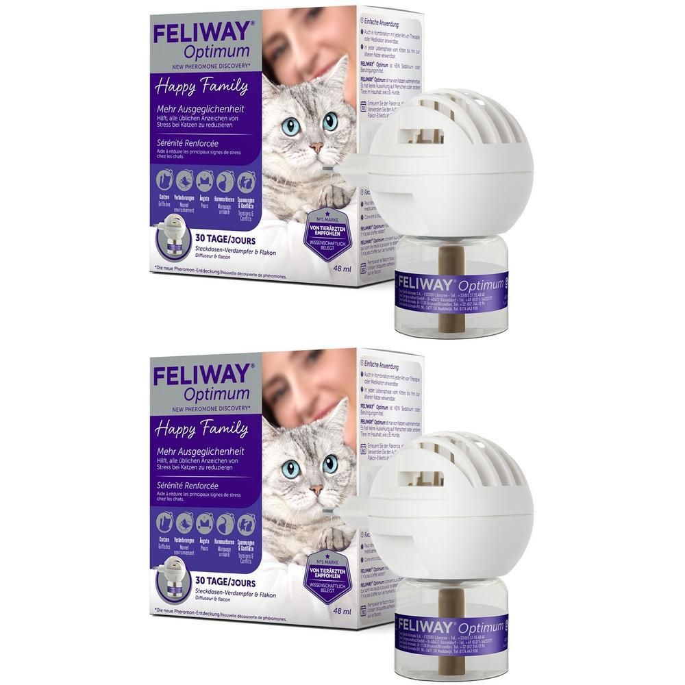 Zwei FELIWAY® Optimum Start-Set-Verpackungen und Diffusoren. Auf der Verpackung ist eine Katze abgebildet.