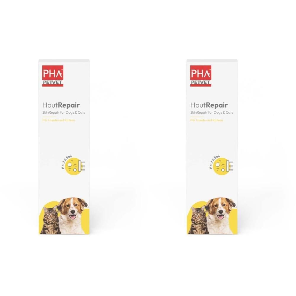 Zwei Packungen PHA Petvet HautRepair. Weiße Verpackung mit Logo, Produktname und Abbildung von Hund und Katze.