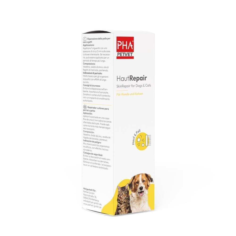 PHA Petvet HautRepair Verpackung. Text auf Deutsch und Italienisch. Abbildung von Hund und Katze. Produktname und Logo.