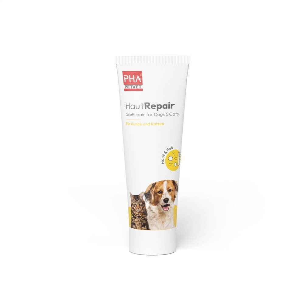 Weiße Tube PHA Petvet HautRepair. Produktname, Logo und Abbildung von Hund und Katze. Für Hunde und Katzen.