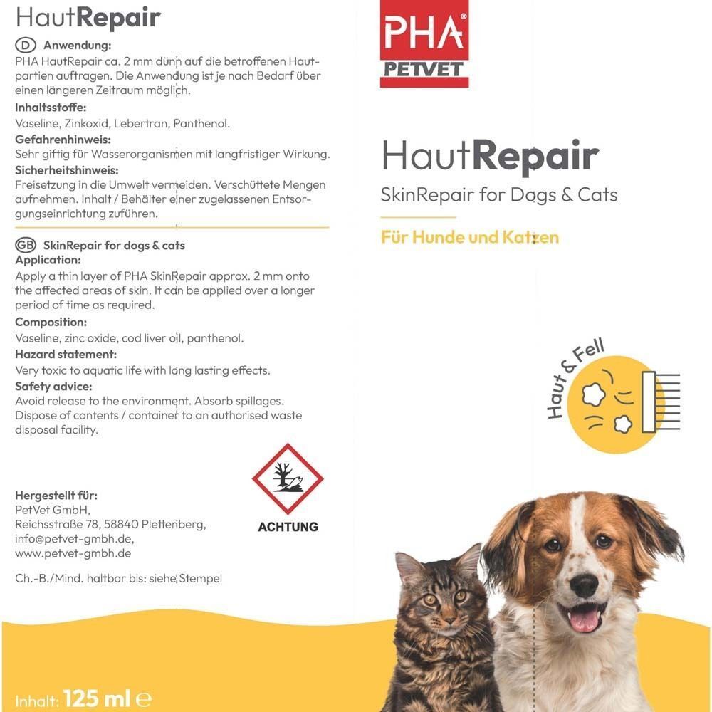 Rückseite der PHA Petvet HautRepair Verpackung. Text in Deutsch und Englisch. Produktname, Logo und Gefahrenhinweis.