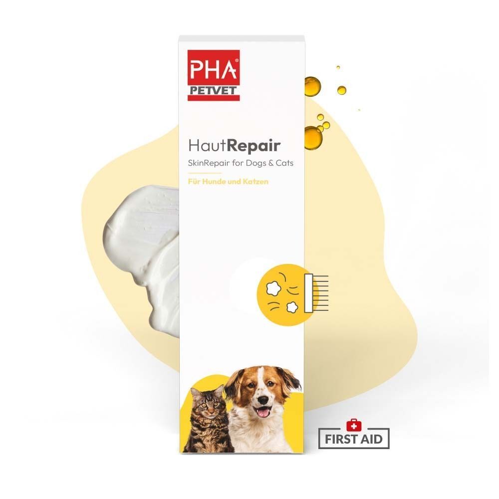 PHA Petvet HautRepair Verpackung mit Produkt und Creme. Logo, Produktname und Abbildung von Hund und Katze. Erste Hilfe Symbol.