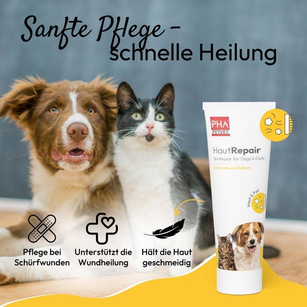 PHA Petvet HautRepair Tube und Hunde und Katzen. Text: Sanfte Pflege - schnelle Heilung. Symbole für Wundpflege und Heilung.