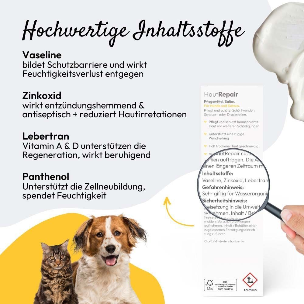 PHA Petvet HautRepair. Text über Inhaltsstoffe: Vaseline, Zinkoxid, Lebertran, Panthenol. Abbildung von Hund und Katze.