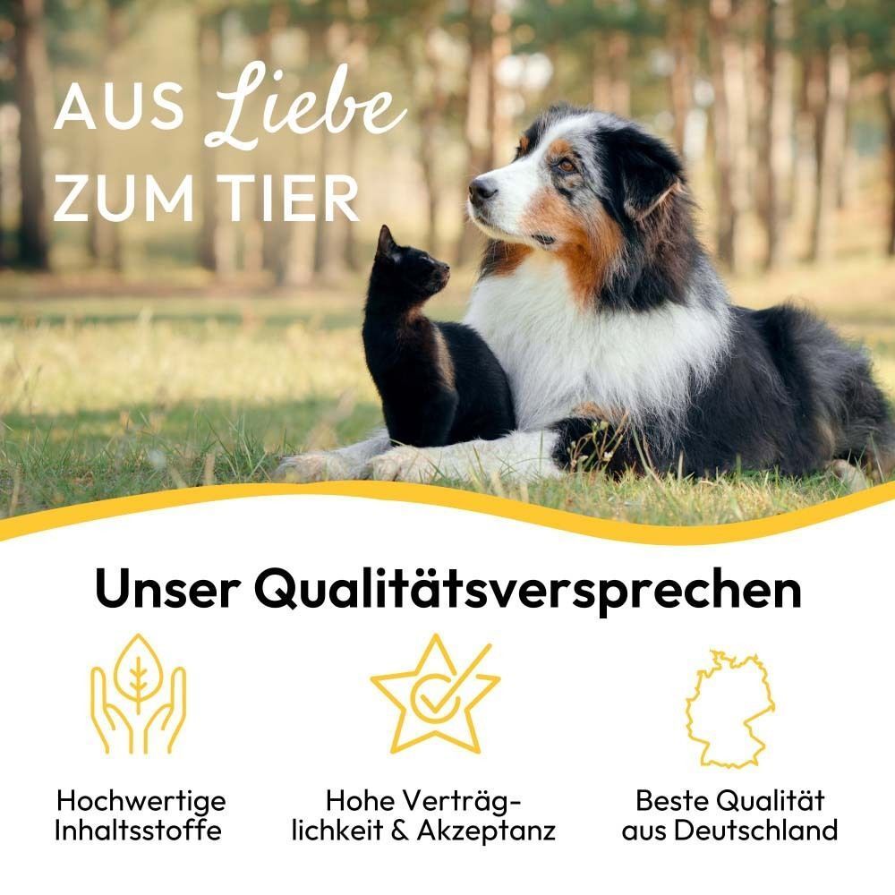 PHA Petvet HautRepair. Text: Aus Liebe zum Tier. Unser Qualitätsversprechen. Symbole für hochwertige Inhaltsstoffe und Qualität.