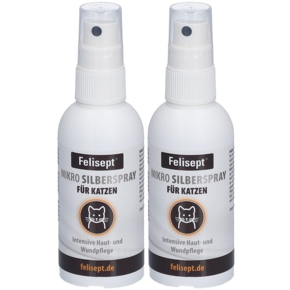 Zwei weiße Sprühflaschen mit schwarzem Sprühkopf. Aufschrift: Felisept Mikro Silberspray für Katzen. Logo: Katze.